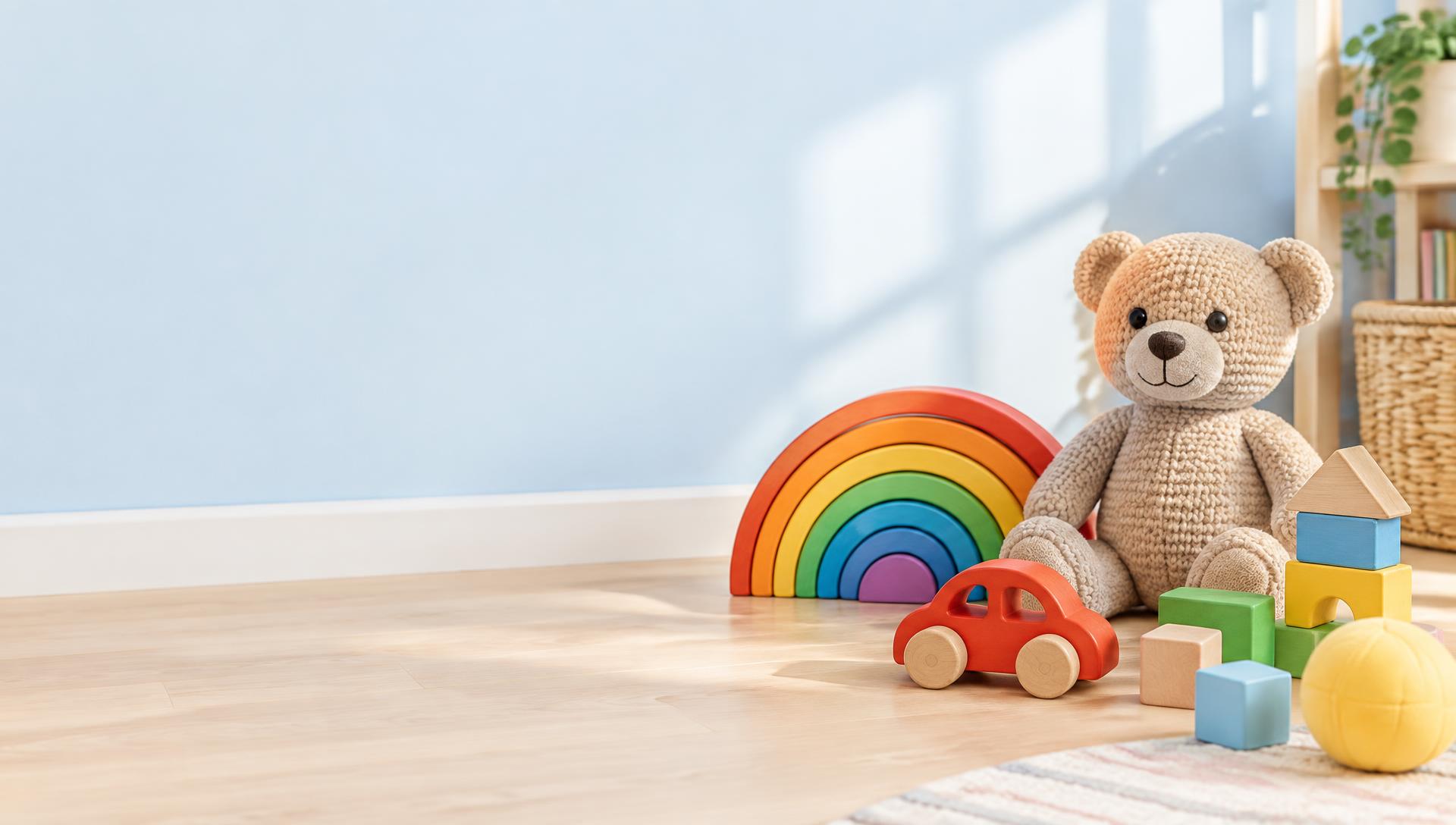 A collection of plush, wooden, and imaginative toys